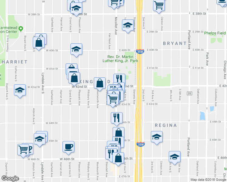 map of restaurants, bars, coffee shops, grocery stores, and more near 4210 Nicollet Avenue South in Minneapolis