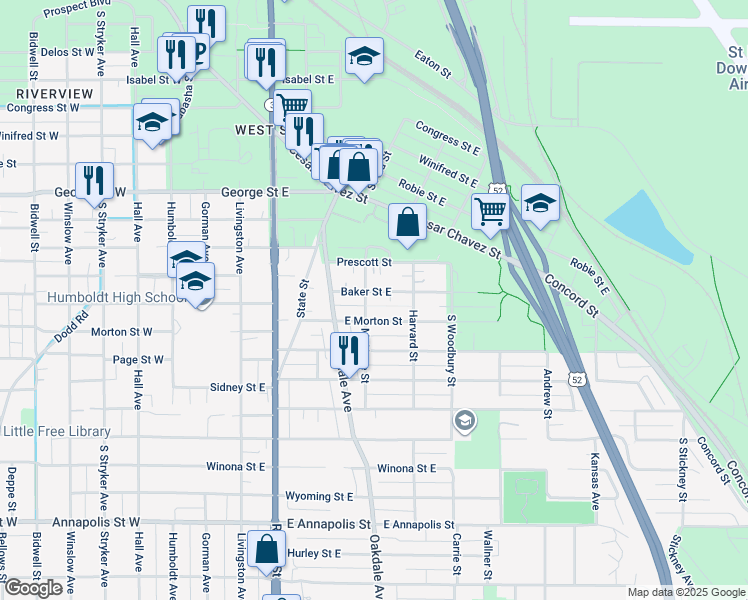 map of restaurants, bars, coffee shops, grocery stores, and more near 216 Baker Street East in Saint Paul