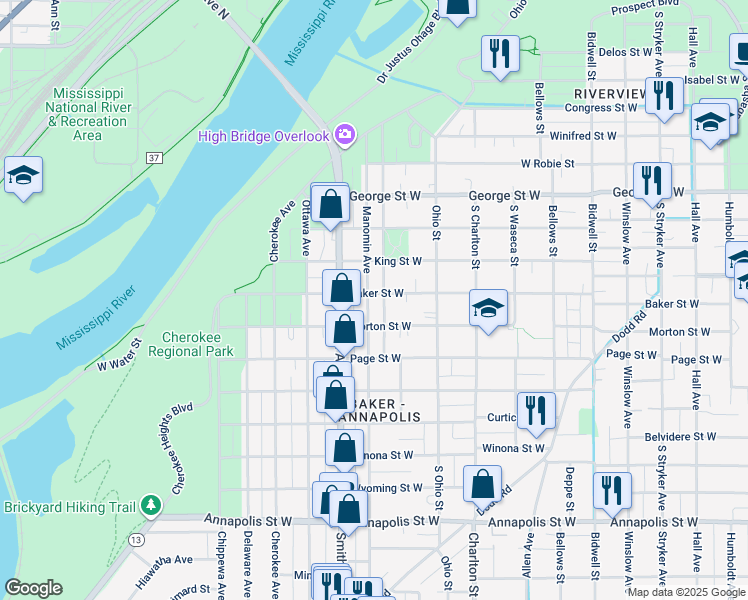 map of restaurants, bars, coffee shops, grocery stores, and more near 358 Baker Street West in Saint Paul