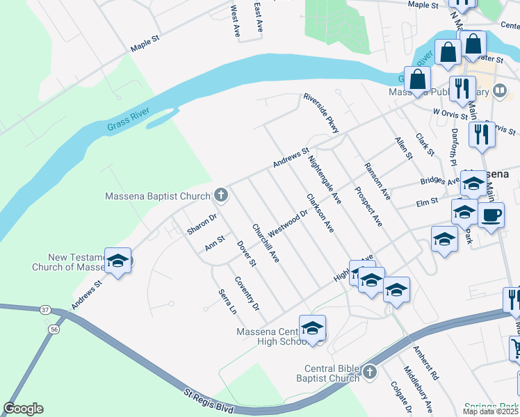 map of restaurants, bars, coffee shops, grocery stores, and more near 14 Windsor Rd in Massena