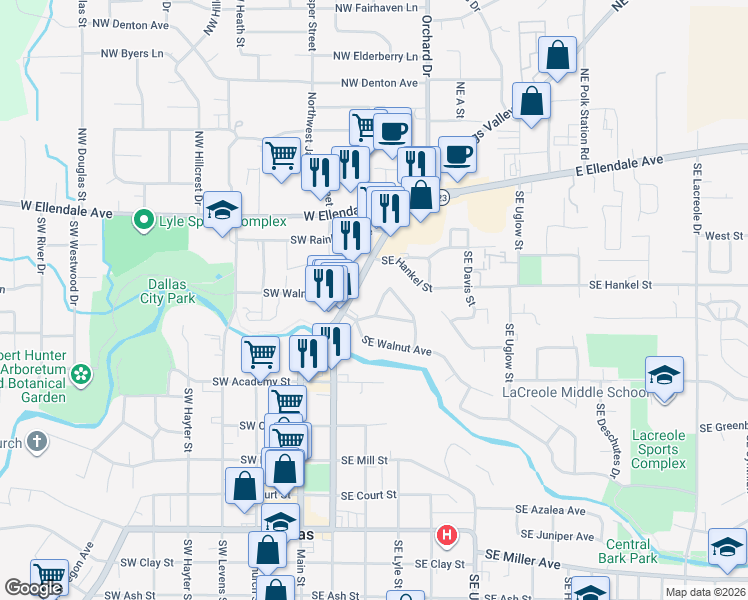 map of restaurants, bars, coffee shops, grocery stores, and more near 361 Southeast Arizona Street in Dallas
