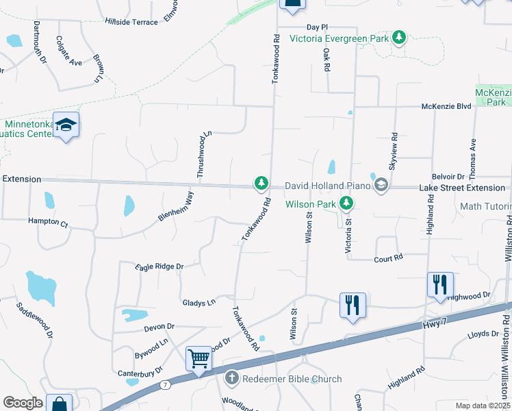 map of restaurants, bars, coffee shops, grocery stores, and more near 4225 Tonkawood Road in Minnetonka