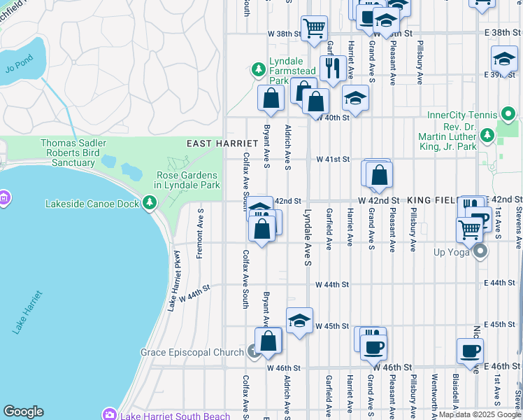 map of restaurants, bars, coffee shops, grocery stores, and more near 4208 Bryant Avenue South in Minneapolis