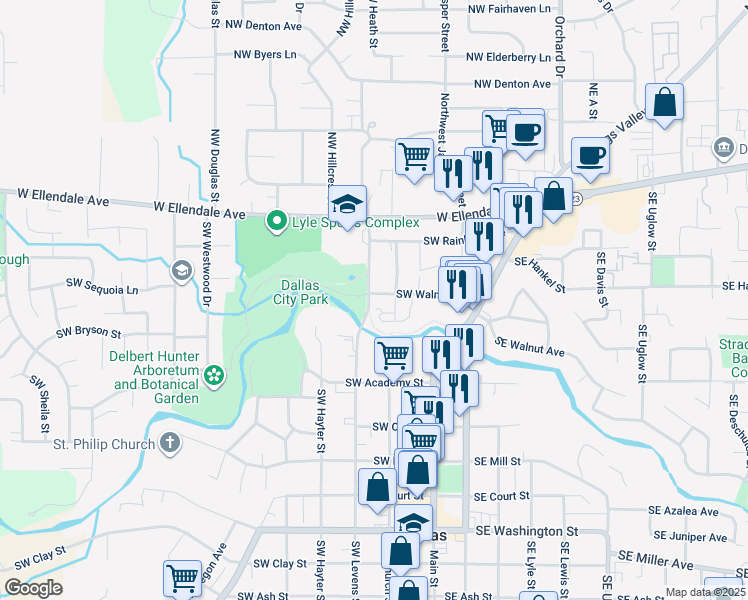 map of restaurants, bars, coffee shops, grocery stores, and more near 297 Southwest Walnut Avenue in Dallas