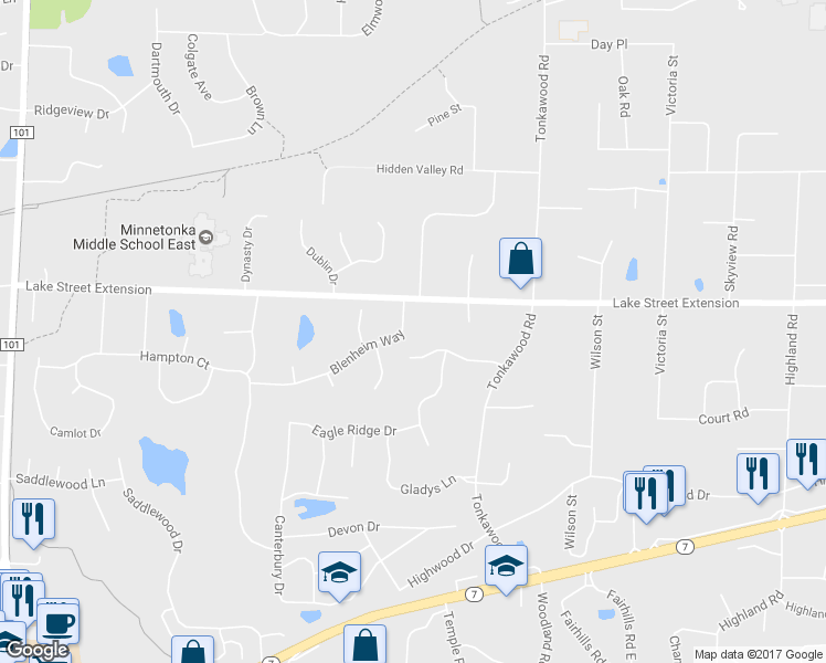 map of restaurants, bars, coffee shops, grocery stores, and more near 16311 Blenheim Way in Minnetonka