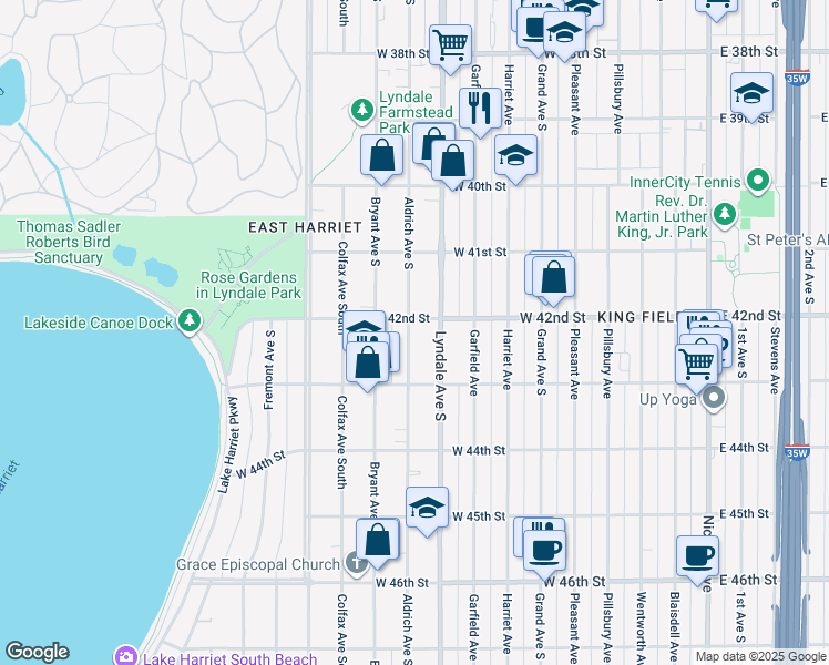 map of restaurants, bars, coffee shops, grocery stores, and more near 4209 Aldrich Avenue South in Minneapolis