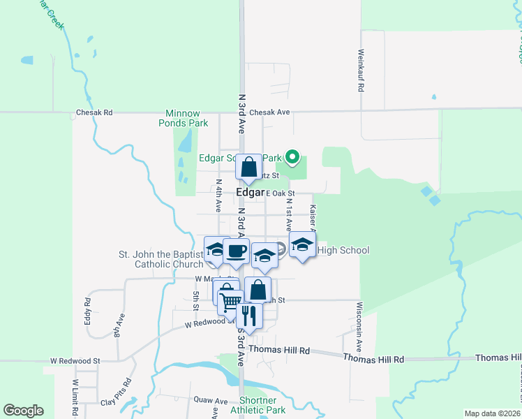 map of restaurants, bars, coffee shops, grocery stores, and more near 401 North 2nd Avenue in Edgar