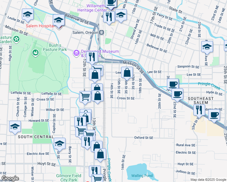 map of restaurants, bars, coffee shops, grocery stores, and more near 1130 14th Street Southeast in Salem