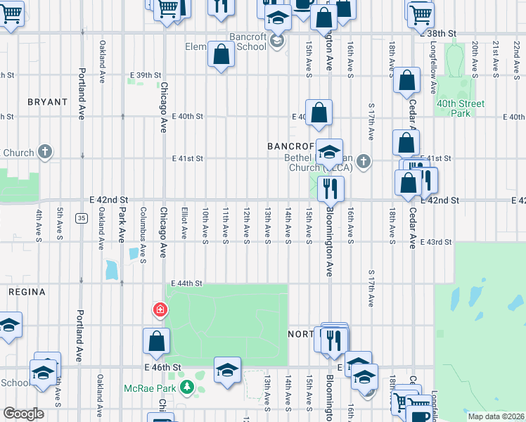 map of restaurants, bars, coffee shops, grocery stores, and more near 4212 13th Avenue South in Minneapolis