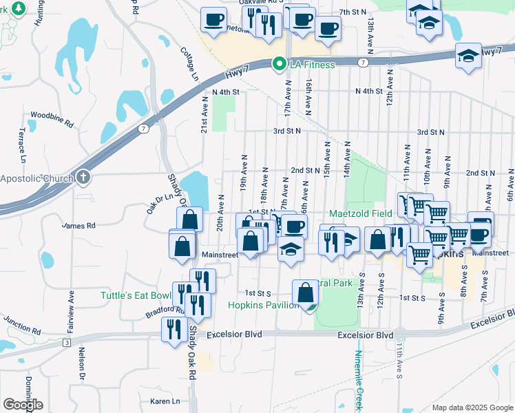 map of restaurants, bars, coffee shops, grocery stores, and more near 106 18th Avenue North in Hopkins