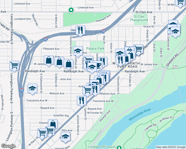 map of restaurants, bars, coffee shops, grocery stores, and more near 760 Randolph Avenue in Saint Paul