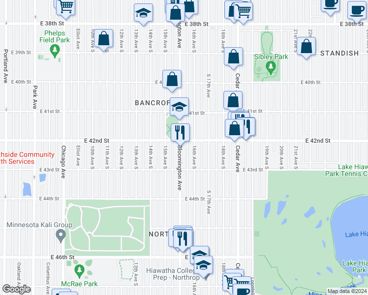 map of restaurants, bars, coffee shops, grocery stores, and more near 4211 Bloomington Avenue in Minneapolis