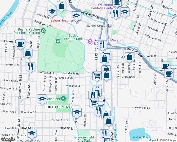 map of restaurants, bars, coffee shops, grocery stores, and more near 1122 Hines Street Southeast in Salem