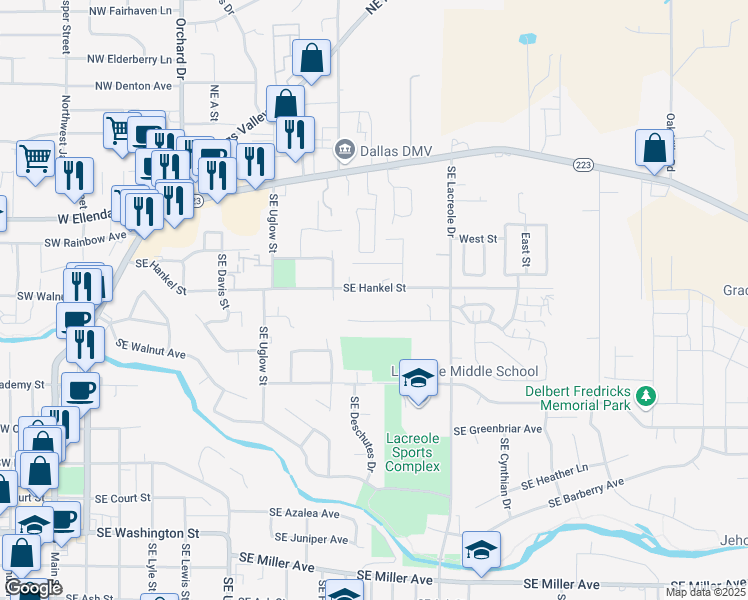 map of restaurants, bars, coffee shops, grocery stores, and more near 561 SE Hankel St in Dallas