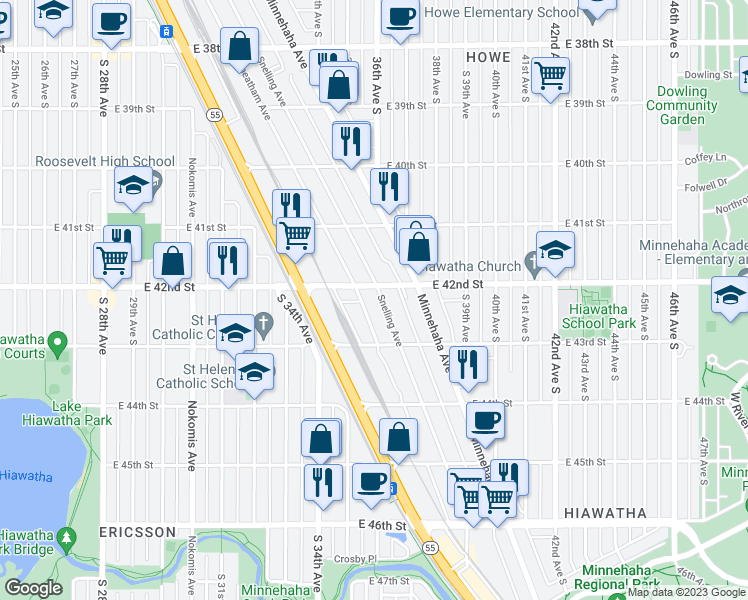 map of restaurants, bars, coffee shops, grocery stores, and more near 4210 Snelling Avenue in Minneapolis