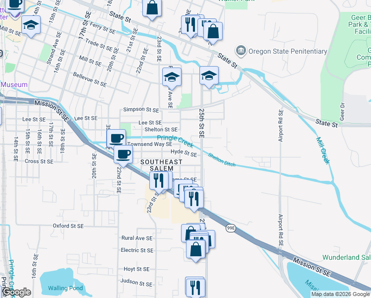 map of restaurants, bars, coffee shops, grocery stores, and more near 2425 Hyde Street Southeast in Salem