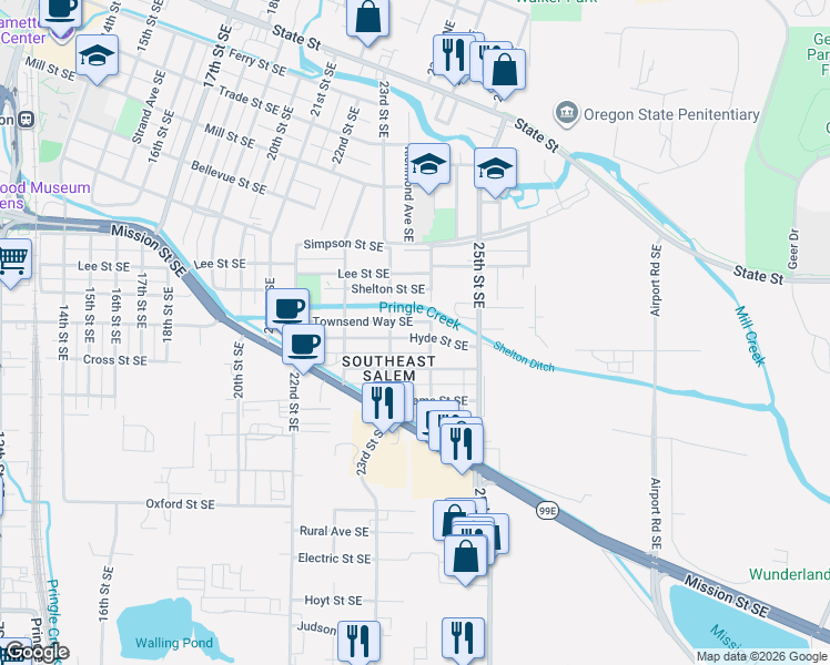 map of restaurants, bars, coffee shops, grocery stores, and more near 2345 Hyde Street Southeast in Salem