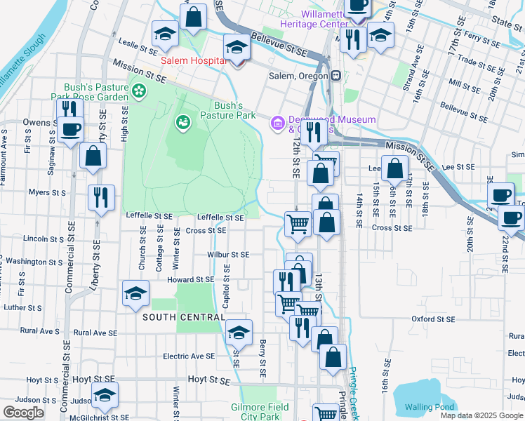 map of restaurants, bars, coffee shops, grocery stores, and more near 1101-1123 Leffelle Street Southeast in Salem