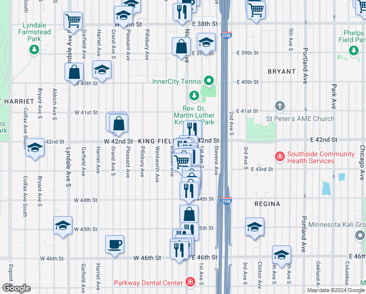 map of restaurants, bars, coffee shops, grocery stores, and more near 4207 Blaisdell Avenue in Minneapolis