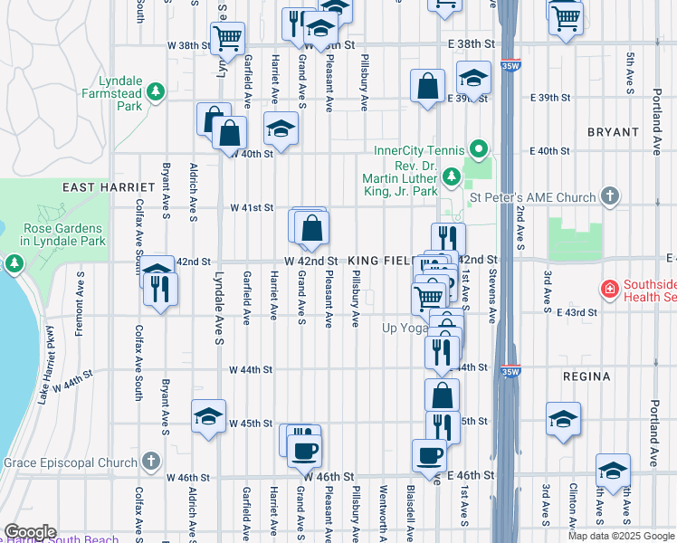 map of restaurants, bars, coffee shops, grocery stores, and more near 4206 Pillsbury Avenue in Minneapolis