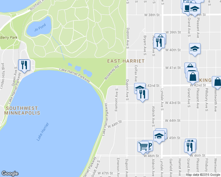 map of restaurants, bars, coffee shops, grocery stores, and more near 4207 East Lake Harriet Boulevard in Minneapolis