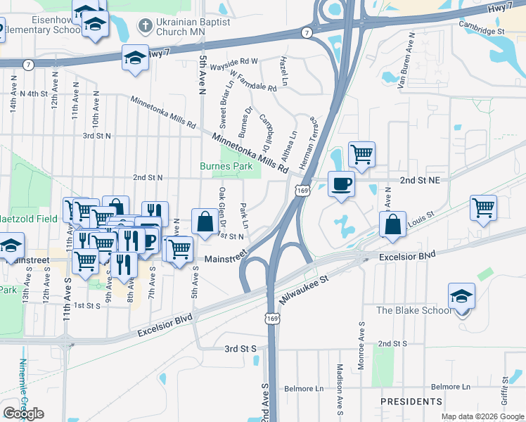 map of restaurants, bars, coffee shops, grocery stores, and more near 113 Ridgewood Drive in Hopkins