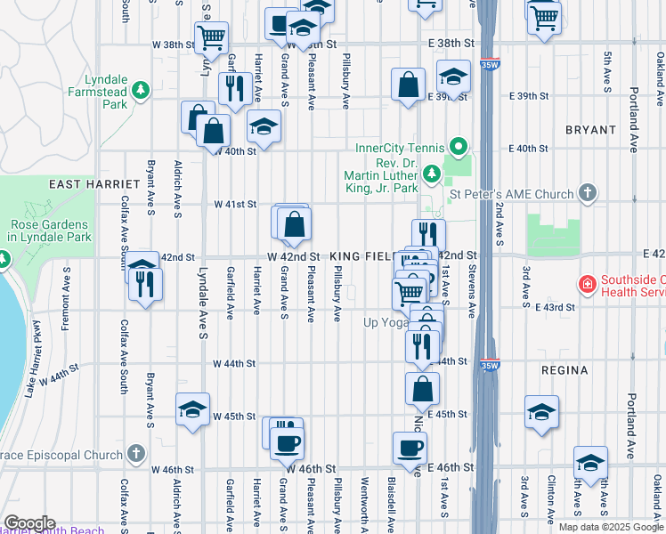 map of restaurants, bars, coffee shops, grocery stores, and more near 4206 Pillsbury Avenue in Minneapolis