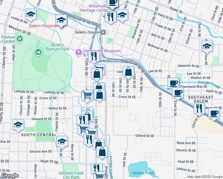 map of restaurants, bars, coffee shops, grocery stores, and more near 1125 14th Street Southeast in Salem