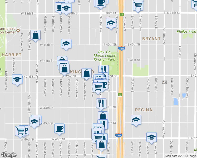map of restaurants, bars, coffee shops, grocery stores, and more near 4206 Nicollet Avenue South in Minneapolis