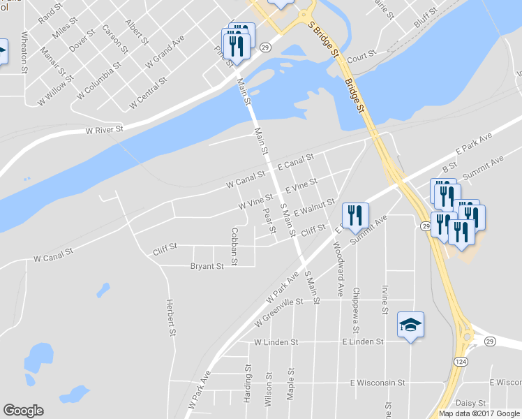 map of restaurants, bars, coffee shops, grocery stores, and more near 110 Pear Street in Chippewa Falls
