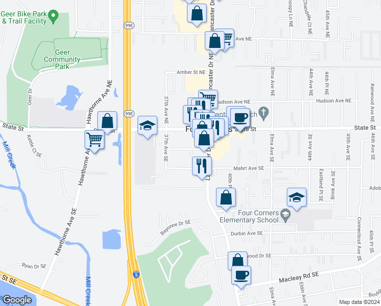 map of restaurants, bars, coffee shops, grocery stores, and more near 3830 La Branch Street Southeast in Salem