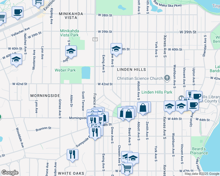 map of restaurants, bars, coffee shops, grocery stores, and more near 4208 Drew Avenue South in Minneapolis