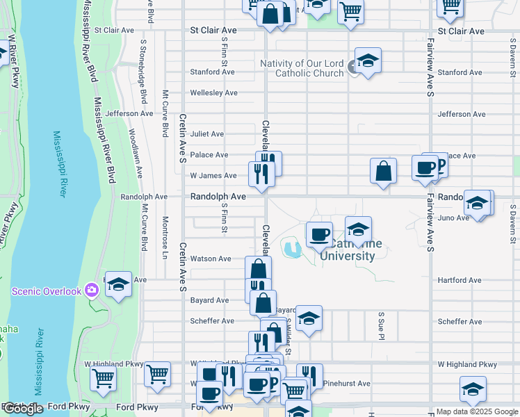 map of restaurants, bars, coffee shops, grocery stores, and more near 503 Cleveland Avenue South in Saint Paul