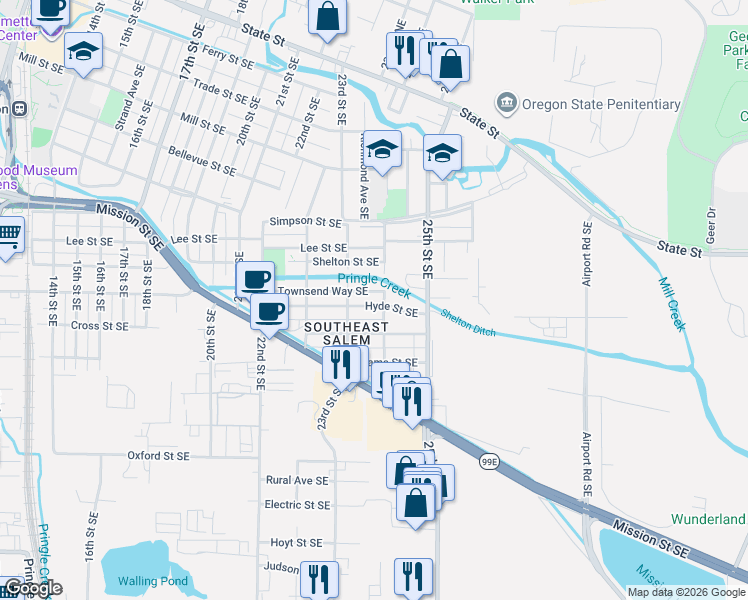 map of restaurants, bars, coffee shops, grocery stores, and more near 2345 Hyde Street Southeast in Salem