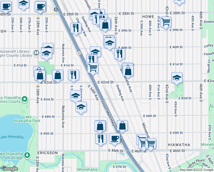 map of restaurants, bars, coffee shops, grocery stores, and more near 3505 East 42nd Street in Minneapolis