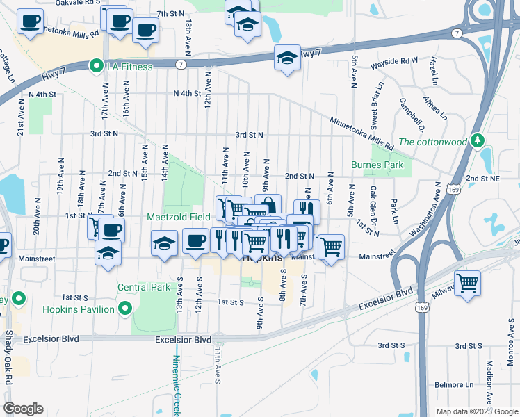 map of restaurants, bars, coffee shops, grocery stores, and more near 106 9th Avenue North in Hopkins