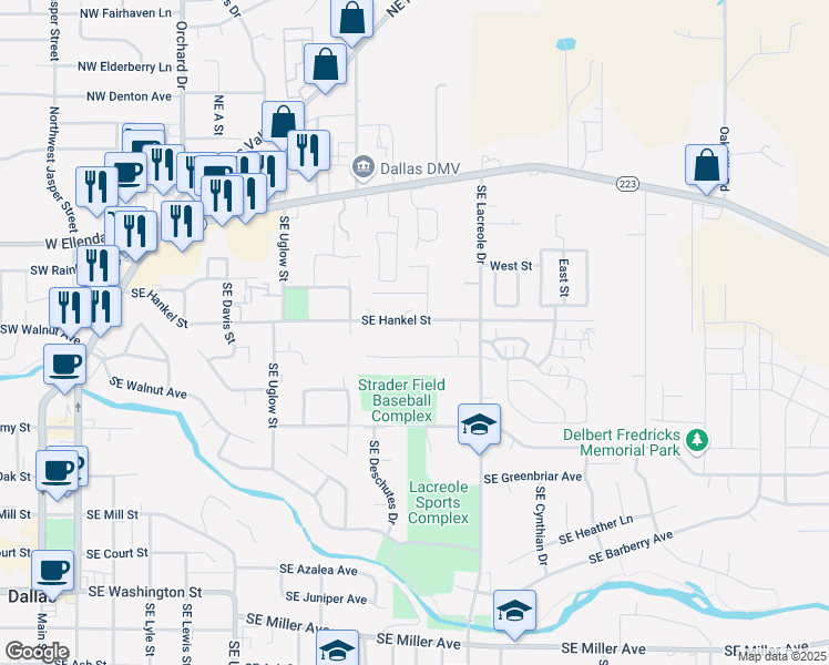 map of restaurants, bars, coffee shops, grocery stores, and more near 685 Southeast Hankel Street in Dallas