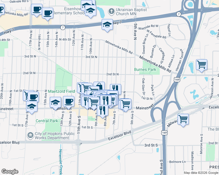 map of restaurants, bars, coffee shops, grocery stores, and more near 109 8th Avenue South in Hopkins
