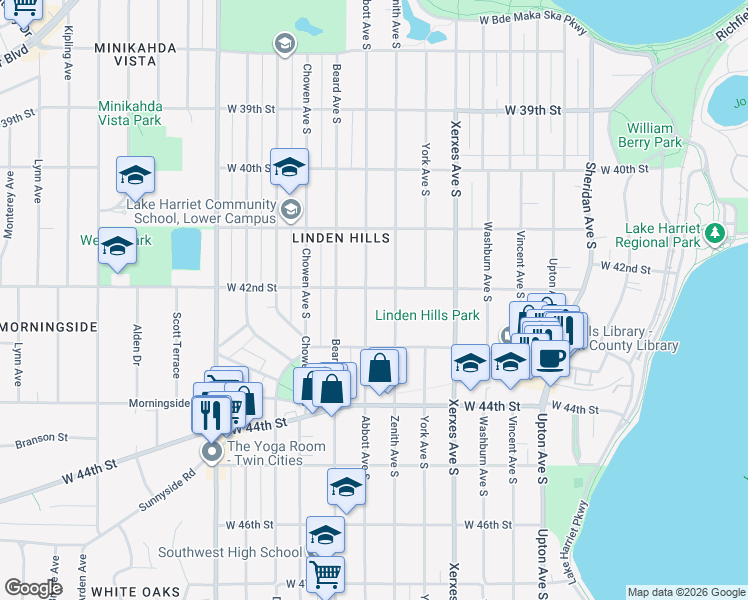map of restaurants, bars, coffee shops, grocery stores, and more near 4207 Abbott Avenue South in Minneapolis