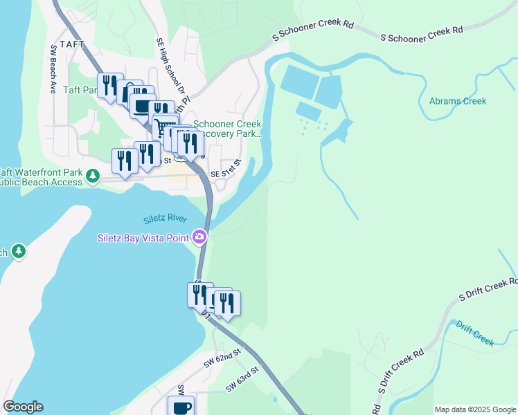 map of restaurants, bars, coffee shops, grocery stores, and more near Southeast 54th Drive in Lincoln County