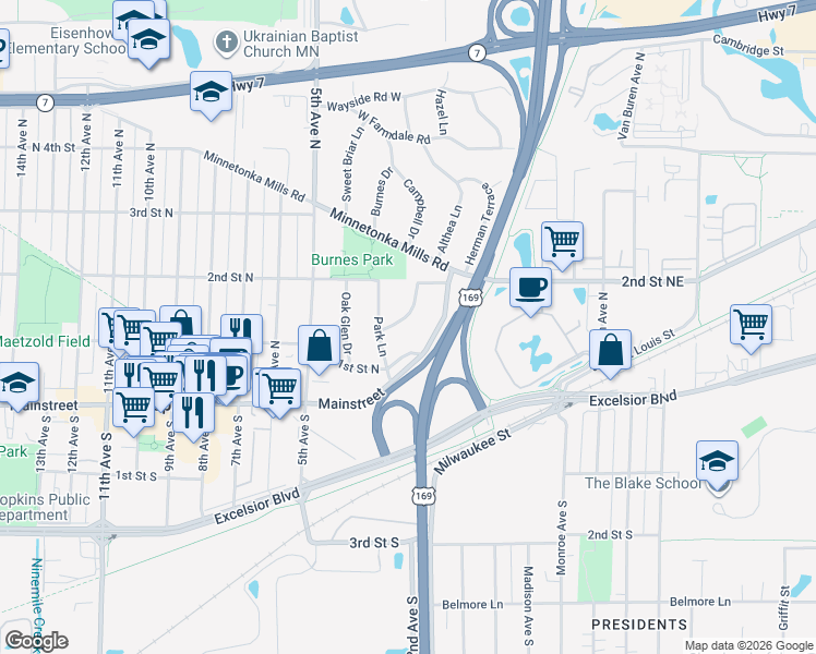 map of restaurants, bars, coffee shops, grocery stores, and more near 113 Ridgewood Drive in Hopkins