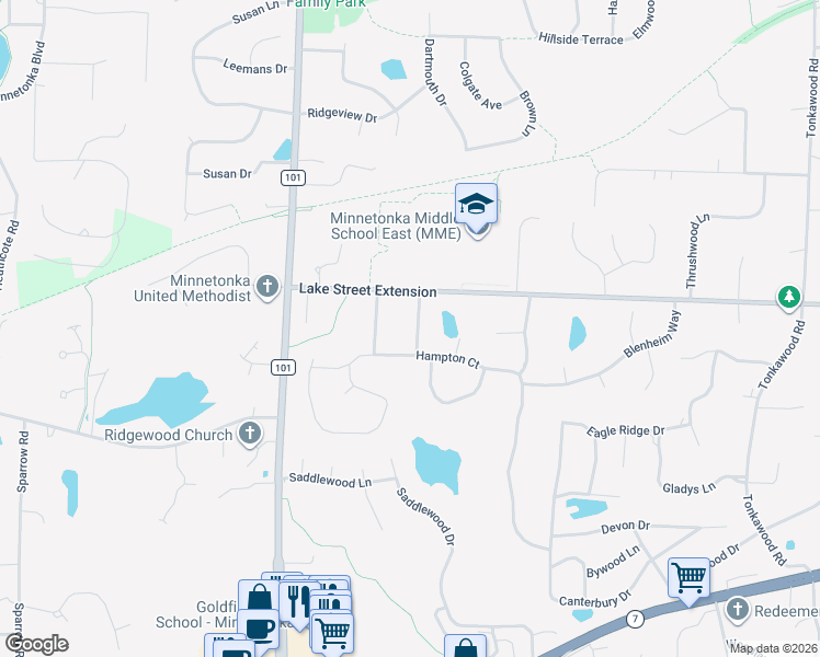 map of restaurants, bars, coffee shops, grocery stores, and more near 4260 Winchester Court in Minnetonka