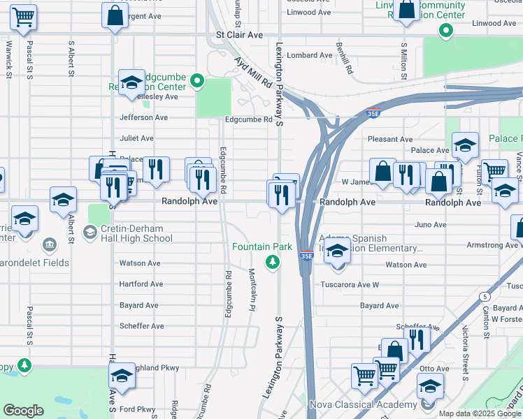 map of restaurants, bars, coffee shops, grocery stores, and more near 1136 Randolph Avenue in Saint Paul