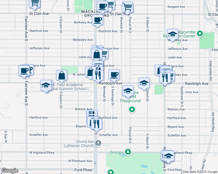 map of restaurants, bars, coffee shops, grocery stores, and more near 1532 Randolph Avenue in Saint Paul