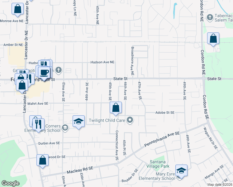 map of restaurants, bars, coffee shops, grocery stores, and more near 244 45th Avenue Southeast in Salem
