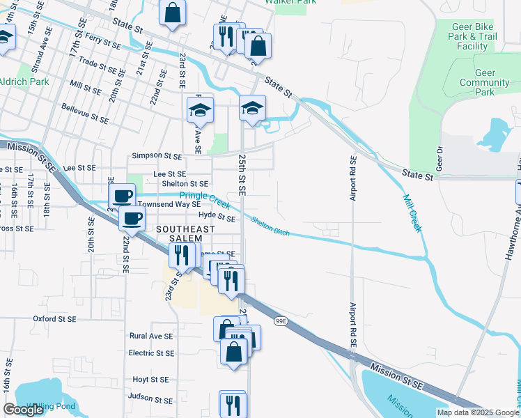 map of restaurants, bars, coffee shops, grocery stores, and more near 2551 Hyde Court Southeast in Salem