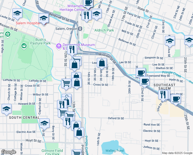 map of restaurants, bars, coffee shops, grocery stores, and more near 1130 15th Street Southeast in Salem