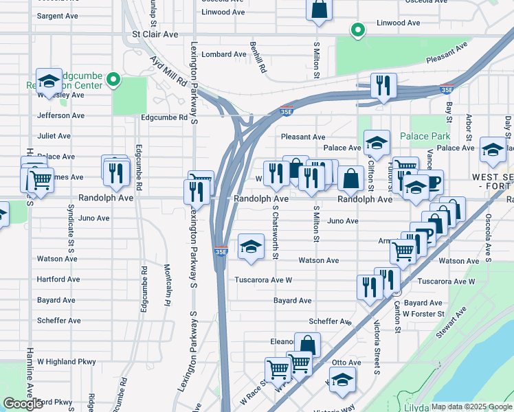 map of restaurants, bars, coffee shops, grocery stores, and more near 998 Randolph Avenue in Saint Paul