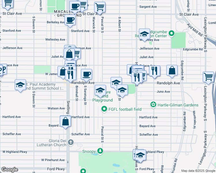 map of restaurants, bars, coffee shops, grocery stores, and more near in Saint Paul