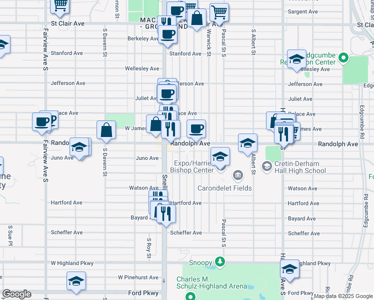 map of restaurants, bars, coffee shops, grocery stores, and more near 1532 Randolph Avenue in Saint Paul
